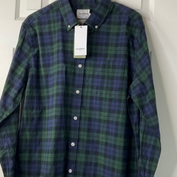 GOODFELLOW Mens Blue Green Plaid Standard Fit Front Bottom Midweight Shirt Large - Picture 5 of 8